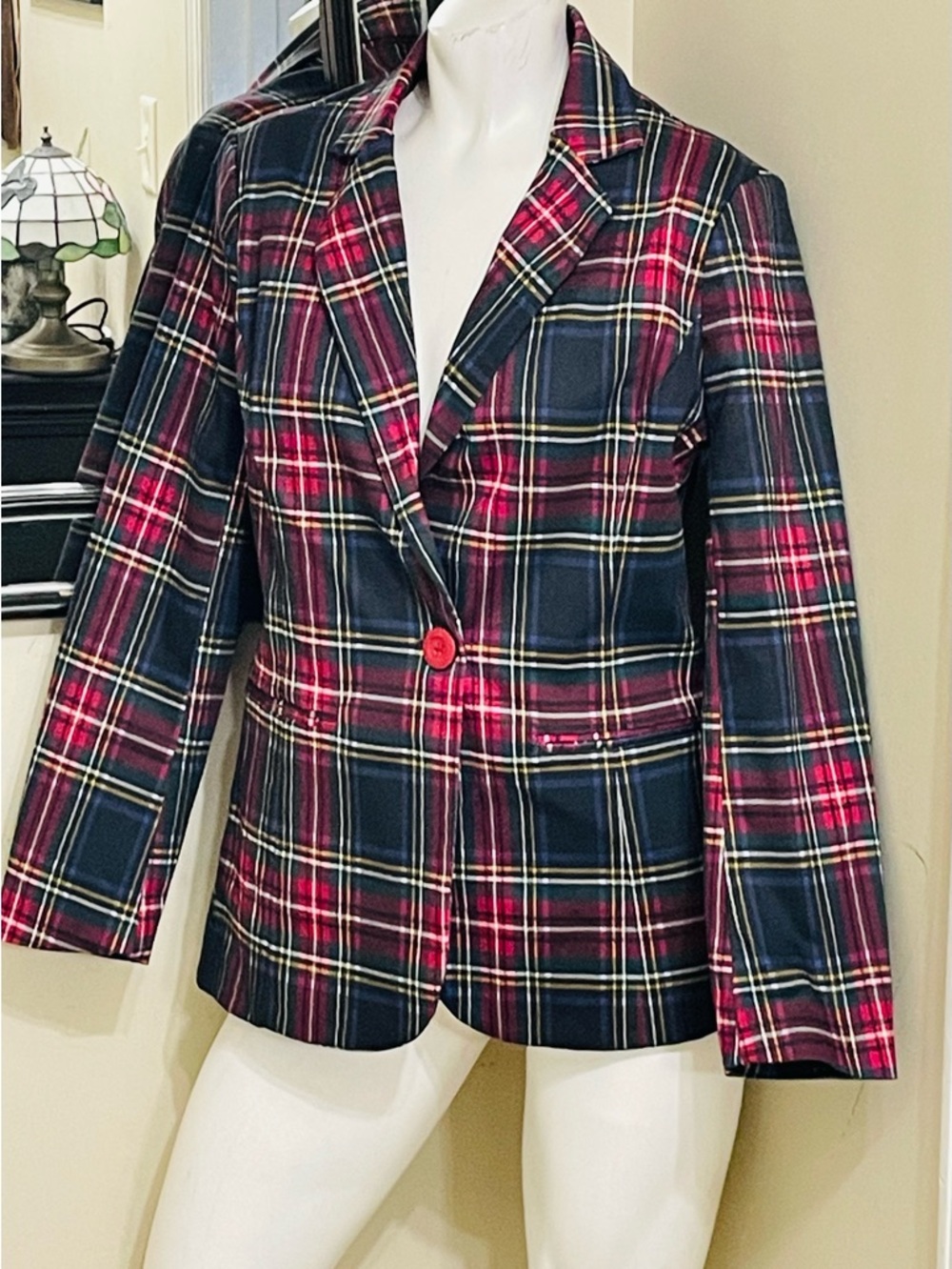 Chadwicks Navy and Red Plaid Single-Button Blazer